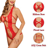 Women Deep V Halter Lingerie Teddy One Piece Bodysuit Lace Babydoll